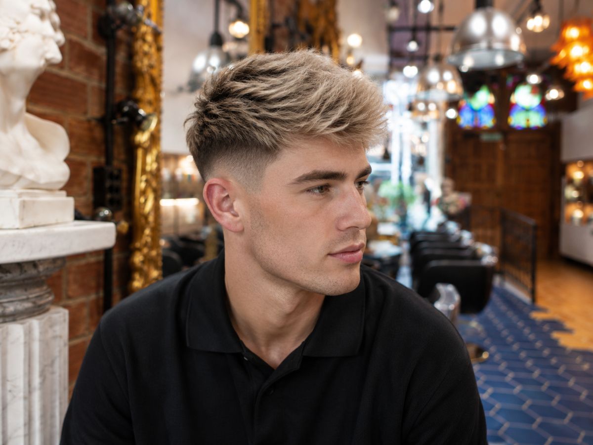 Corte masculino con rubio ceniza texturizado realizado en Torremolinos
